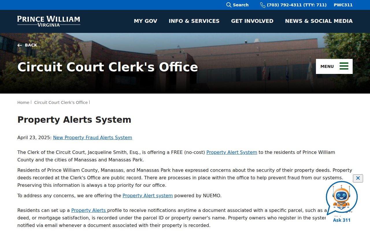 Dale City residents directory Circuit Clerk property alert setup