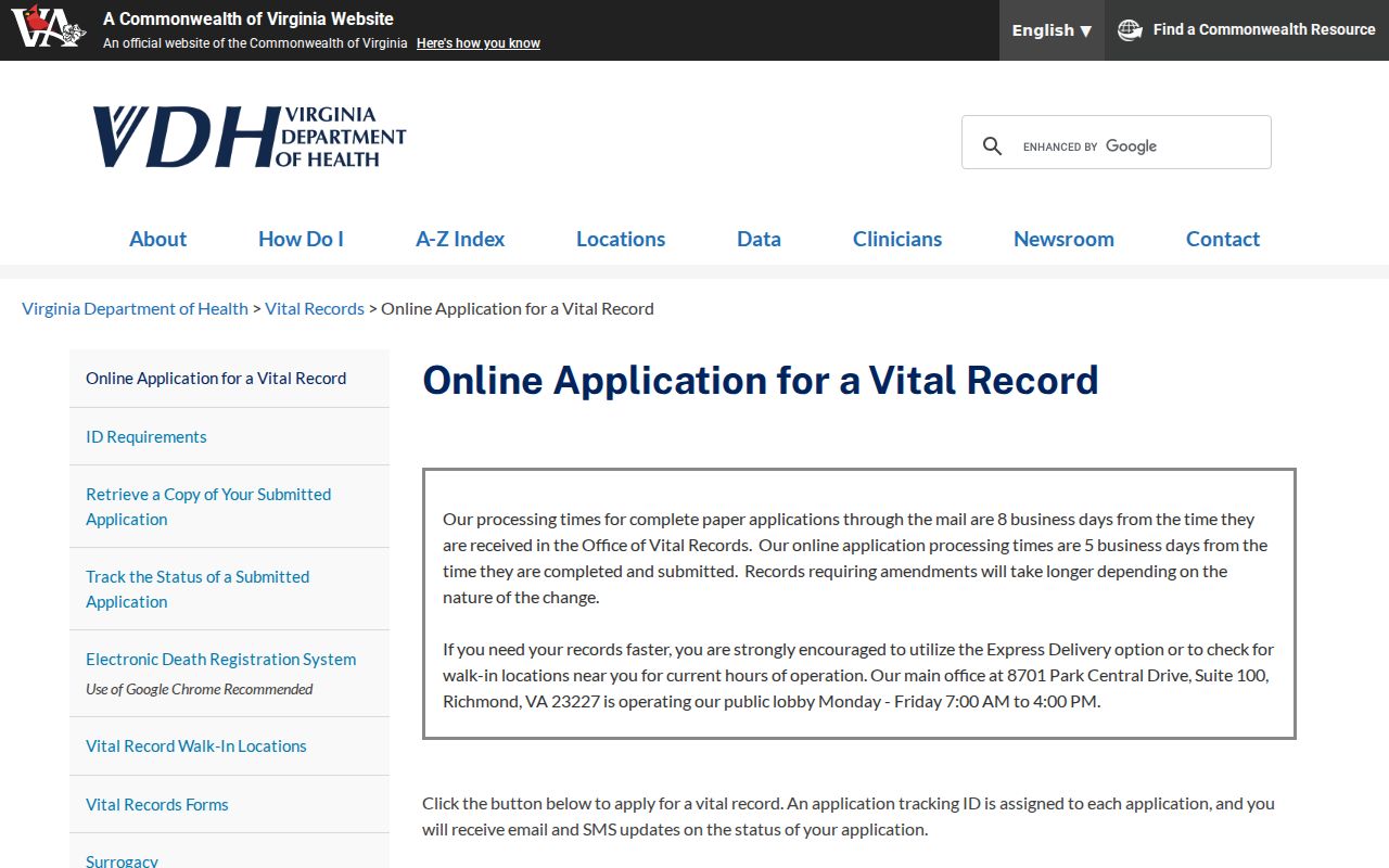Dale City residents directory Virginia vital record application route