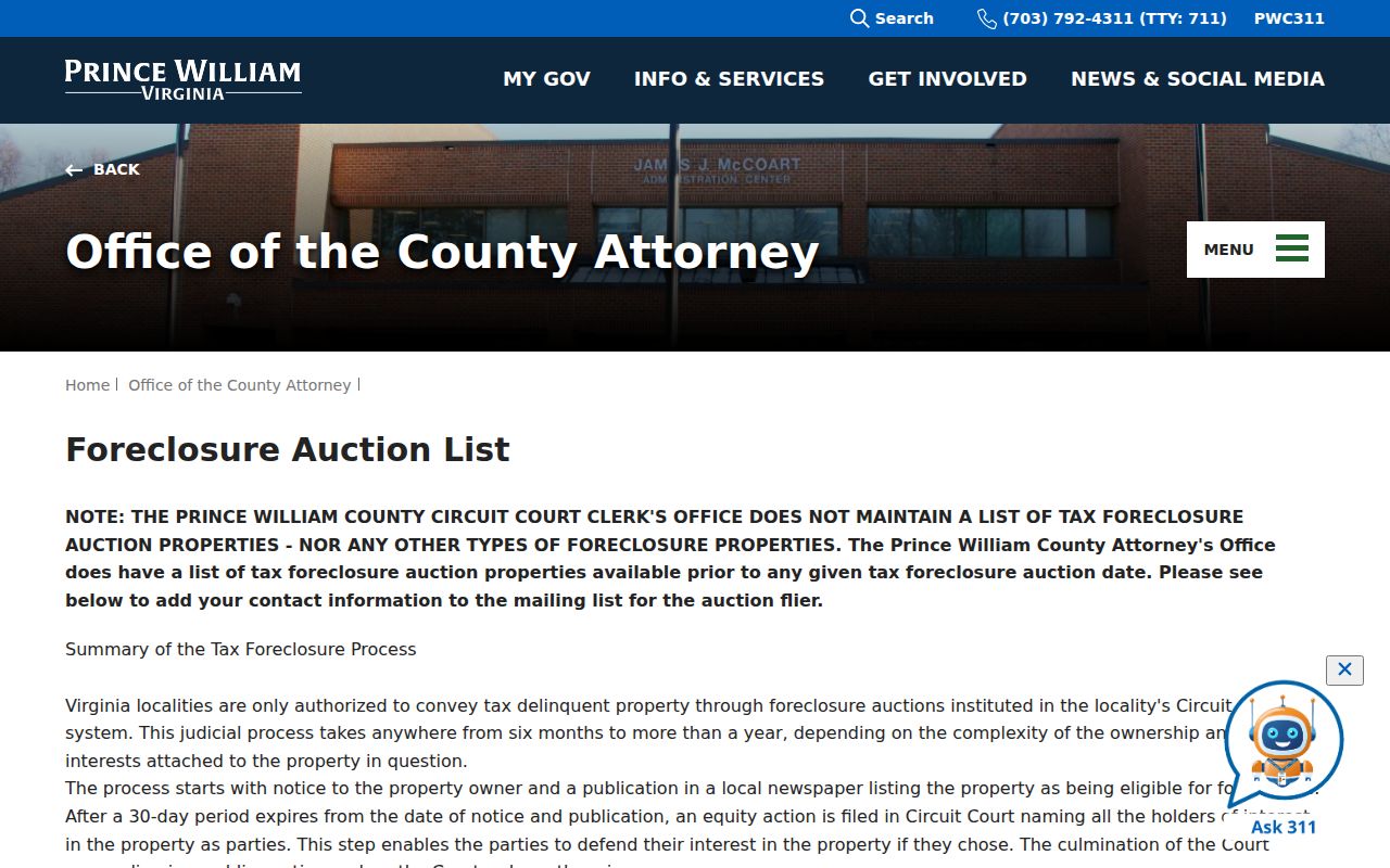 Dale City street directory Prince William County foreclosure auction list