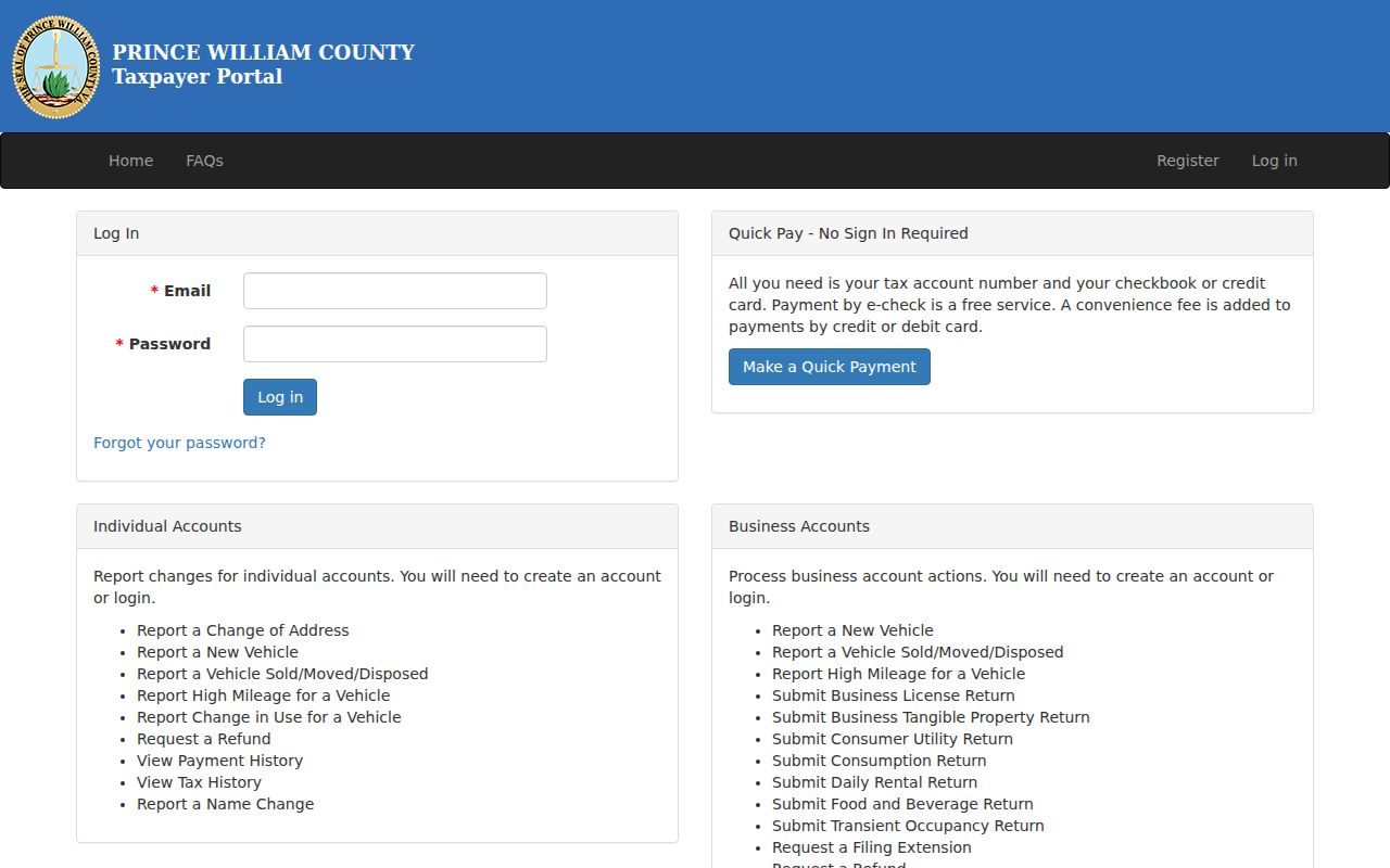 Dale City street directory County tax account quick-pay lookup