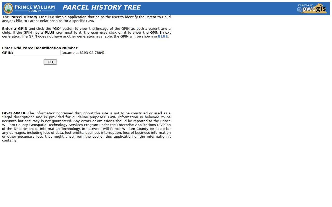Dale City street directory Parcel History Tree GPIN search
